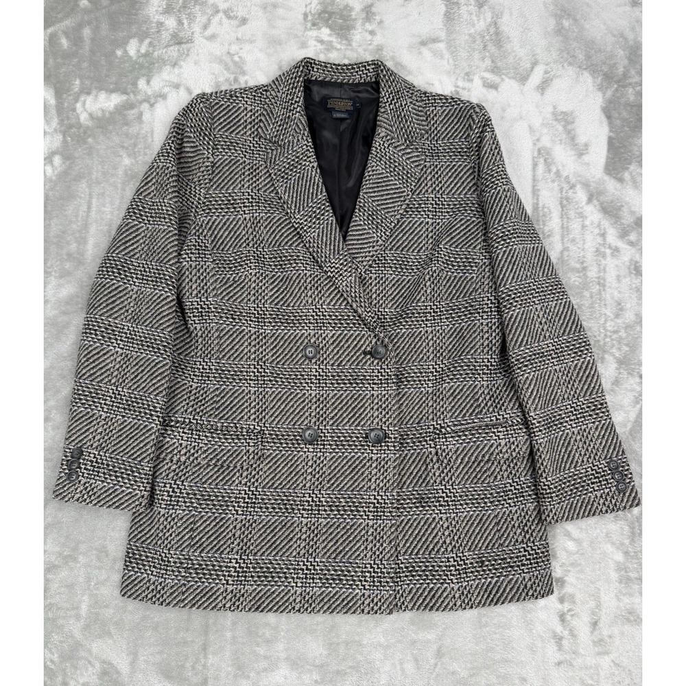 Vintage Pendleton Blazer Womens 14 100% Wool White Black Blue Beige Gen‎ Plaid